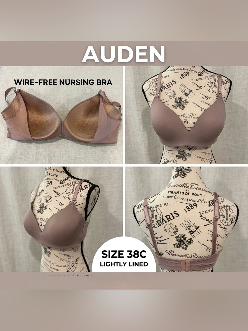 Auden 38C Women's Lightly Lined Wirefree Full Coverage Nursing Bra-Mauve